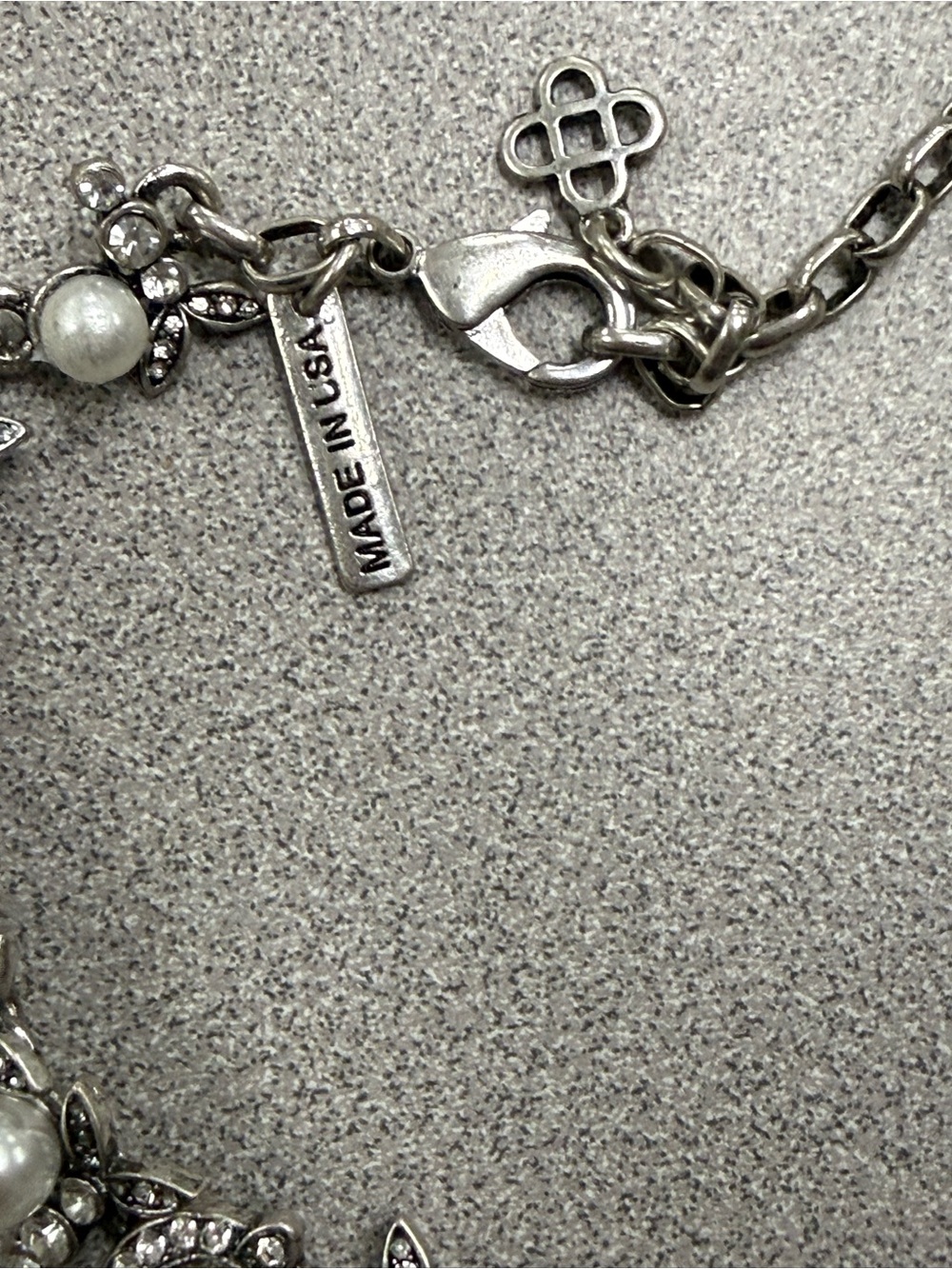 Oscar de la Renta Silver-Tone Crystal Teardrop Necklace with Faux Pearl Drops - Picture 6 of 8